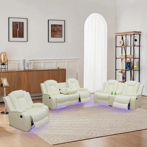 Vista 9 de Juego de sofá reclinable eléctrico para sala de estar con iluminación LED, carga USB, portavasos y mesa central, sofá modular de cuero transpirable