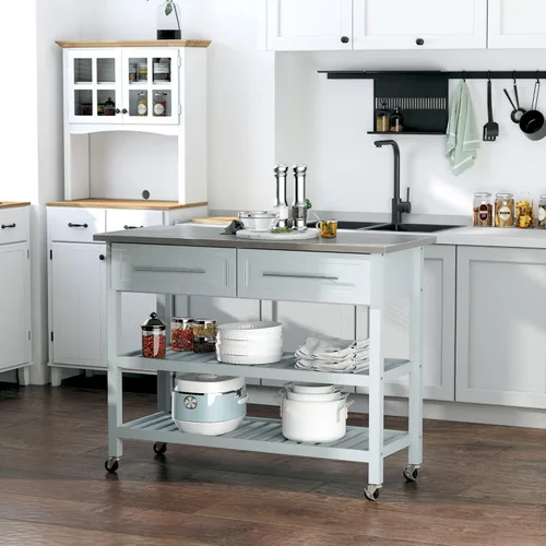 Vista 2 de HOMCOM Kitchen Island Rolling Utility Trolley Carrito con 2 cajones de acero inoxidable - Gris