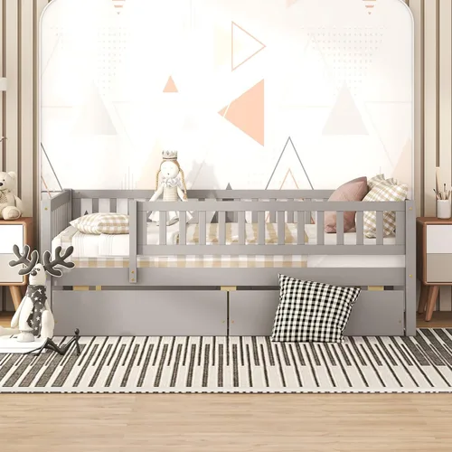 Vista 18 de Harper & Bright Designs Sofá cama individual con nido, marco de cama infantil de madera tamaño individual con valla, cama nido individual