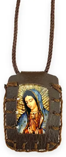Vista 2 de Nuestra Señora del Monte Carmelo con Nuestra Señora de Guadalupe Collar Escapulario Marrón Escapulario Café Collar Virgen Guadalupe Virgen Carmen