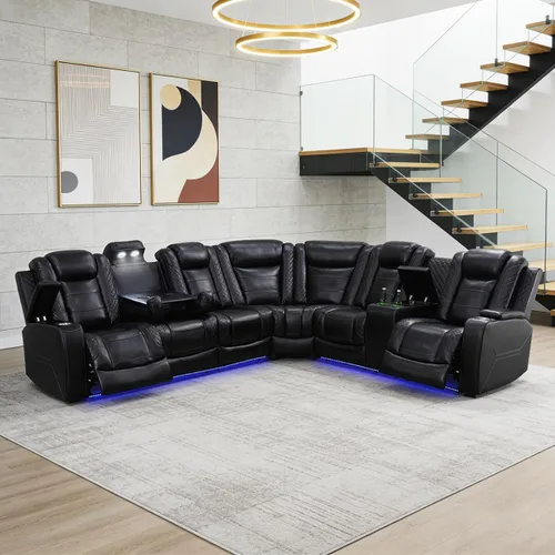 Vista 35 de Juego de sofá modular reclinable eléctrico para sala de estar, juego de sofá reclinable de cuero con luces LED / almacenamiento oculto, sofá en Beige