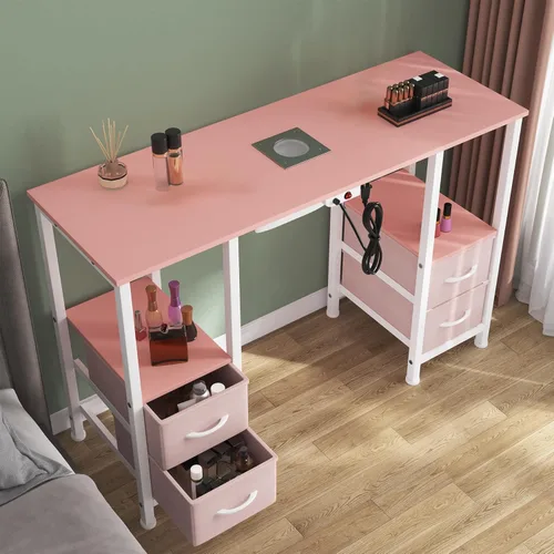 Vista 10 de Mesa de manicura para técnico de uñas, estación de mesa para técnico de uñas con 4 cajones de almacenamiento y 2 estantes abiertos, mesa de uñas