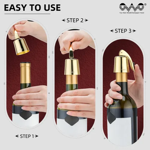 Vista 4 de OWO Tapón para botella de vino de acero inoxidable, reutilizable, protector de vino con sello de silicona, sellador de botellas decorativo, se
