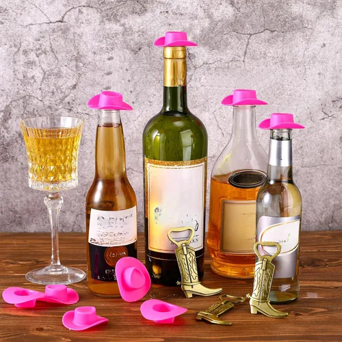 Vista 6 de Batiyeer Paquete de 30 botas vaqueras abrebotellas con mini sombrero de vaquero rosa de plástico, baby shower, abrebotellas occidentales, recuerdos
