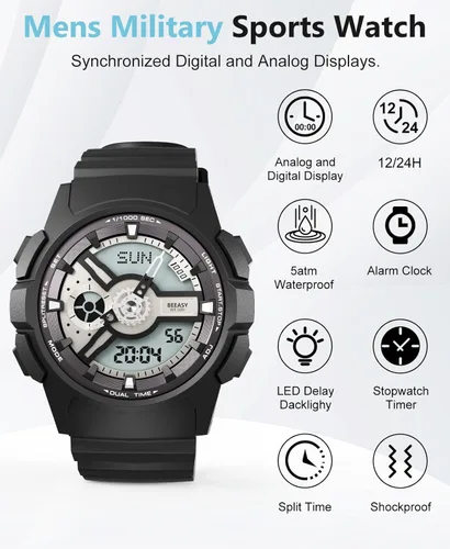 Vista 2 de Beeasy Waterproof Mens Watches Sports Ourdoor, Military Watch Multi Function Stopwatch/4 Alarms/Countdown/Dual Time, Analog-Digital Synchronised