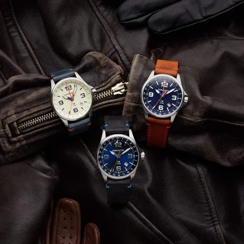 Vista 5 de Torgoen T9 Cream GMT - Reloj Pilot para hombre, cuarzo suizo, cristal mineral con correa de cuero azul, Azul Patchwork