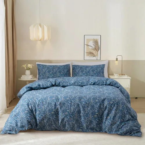 Vista 15 de EAVD Juego de edredón floral azul Twin/Twin XL blanco, microfibra suave, 3 piezas, juego de edredón bohemio con flores botánicas para niñas con 2