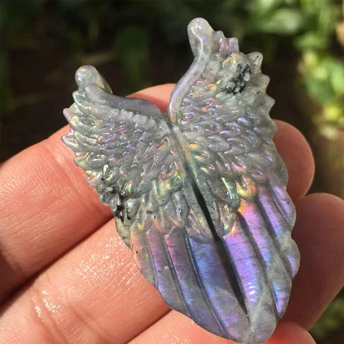 Vista 5 de TEAMWILL Natural púrpura labradorita cuarzo tallado a mano ala cristal Reiki curación 1PC