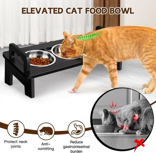Vista 3 de Tazón Elevado de Bambú para Comida de Gatos, 3 Cuencos Elevados de Acero Inoxidable para Gatos con Soporte, Cuenco Inclinado 15° para Perros