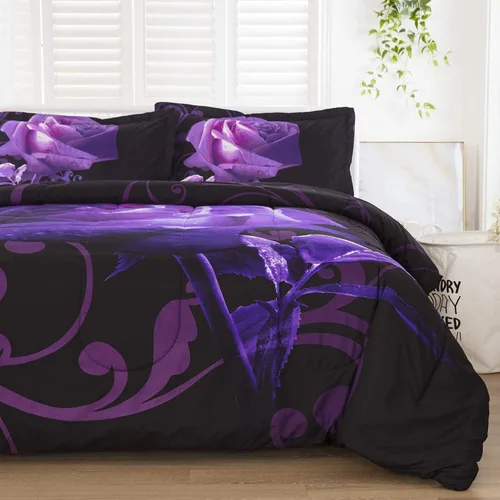 Vista 11 de WONGS BEDDING Juego de edredón azul tamaño matrimonial, juego de edredón reversible con estampado de rosas azules con 2 fundas de almohada