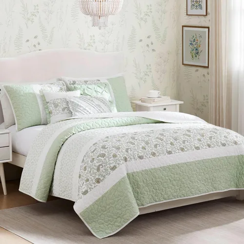 Vista 12 de Madison Park Juego de edredón 100% algodón con estampado floral, costuras de doble cara, para todas las estaciones, colcha ligera, ropa de cama Verde