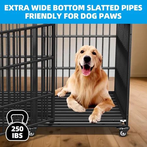 Vista 4 de Jaula para perros de 64 pulgadas, resistente, indestructible, para razas gigantes extra grandes, puertas dobles, ruedas con cerradura, alta