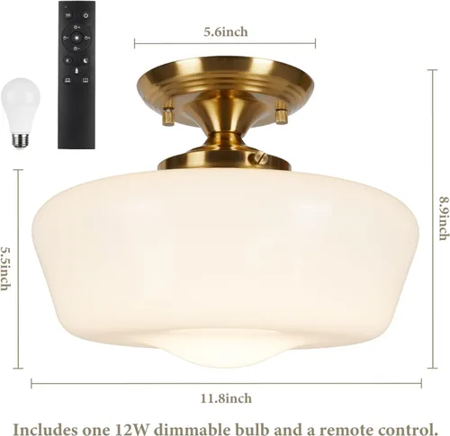 Vista 2 de Lámpara de techo estilo casa escolar semiempotrada con bombilla regulable y control remoto, lámpara de techo moderna dorada de 12" con pantalla