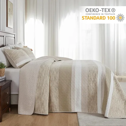 Vista 2 de Finlonte Juego de colcha 100% algodón sobreizado tamaño Queen, colcha acolchada reversible ligera a rayas, 3 piezas, marrón, tamaño Queen