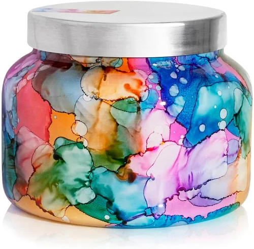 Vista 8 de Capri Blue Volcano Candle - Vela en tarro pequeño de cristal de acuarela arcoíris, vela de aromaterapia de lujo, vela de frutas tropicales