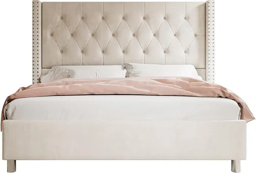 Vista 8 de Jocisland Base de cama tapizada de terciopelo tamaño King, con plataforma capitoné de perfil bajo, cabecera con alas elevadas, soporte de listones