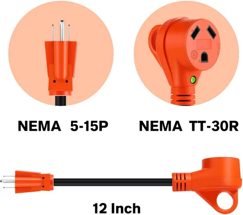 Vista 2 de Cable Adaptador para RV de 30 Amperios a 110 Voltios de 12 Pulgadas, Adaptador de Corriente Eléctrica NEMA 5-15P a NEMA TT-30R con Indicador