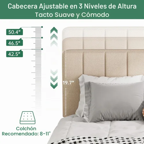 Vista 3 de Base de cama tamaño King con cabecero, cama de plataforma de lino con cabecera tapizada suave de altura ajustable, 10 piezas de soporte de listones