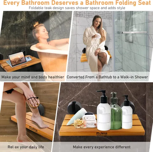 Vista 2 de Asiento de ducha plegable de teca de 20 pulgadas montado en la pared, banco de ducha plegable para espacio de ducha pequeño, taburete de madera