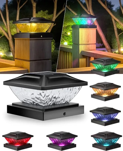 Vista 9 de Ofuray Luces solares para tapa de poste, paquete de 8 luces solares RGB con dos modos, apto para postes de 4 x 4, 5 x 5 con 3 bases, impermeable