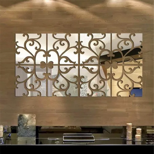 Vista 11 de Adhesivos de pared con espejo 3D, 4 piezas acrílicas cuadradas con patrón geométrico, calcomanías de arte para bricolaje, espejo autoadhesivo