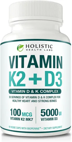 Vista 9 de Vitamina K2 + D3 de absorción máxima (5000UI), 90 cápsulas vegetales de MK-7 (Menaquinona-7) y colecalciferol (con BioPerina) Suministro de 3 meses