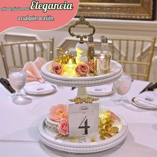 Vista 4 de Bandeja de madera de 2 niveles con soporte de servicio por Felt Creative Home Goods. Bandeja pequeña con detalle de cuentas para decoración