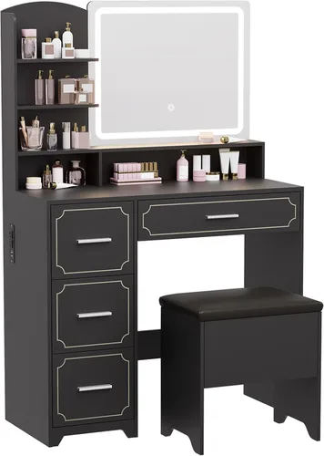 Mesa de tocador con espejo LED y toma de corriente, 5 estantes abiertos, 4 cajones, incluye taburete acolchado, tocador de maquillaje ideal para