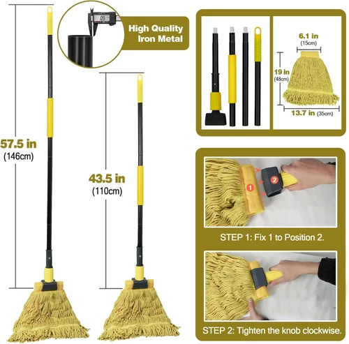 Vista 2 de JEHONN Trapeador comercial industrial resistente con mango de 57.5 pulgadas de largo, trapeador profesional de algodón húmedo seco para limpiar