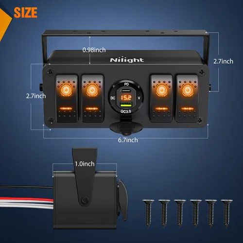 Vista 6 de Nilight Caja de interruptor basculante de 4 cuadrillas 12V SPST ON Off Interruptores de palanca PD tipo C y QC 3.0 USB Voltímetro Luz LED naranja
