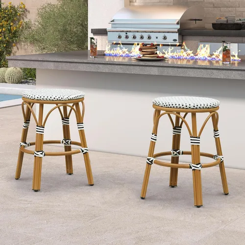 Vista 31 de PURPLE LEAF Patio French Round 26" Counter Stool Set of 2 Large Rattan Backless Stackable Barstools Bamboo Print Aluminum Frame Footrest with Woven