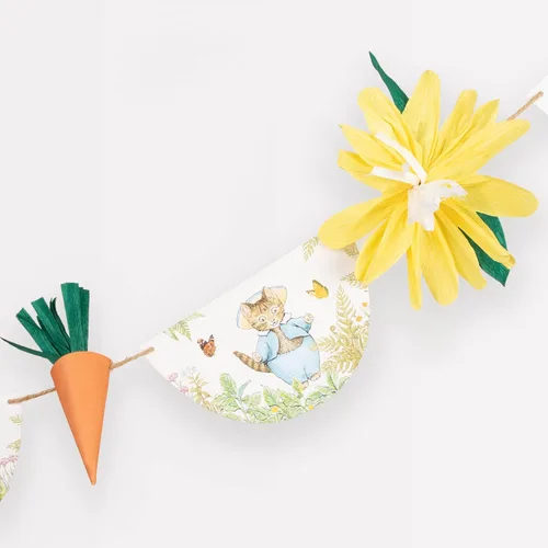 Vista 3 de Meri Meri Guirnalda de Peter Rabbit (paquete de 1), Peter Rabbit en el jardín o guirnalda de Pascua, hebra de 10 pies con exceso de cable