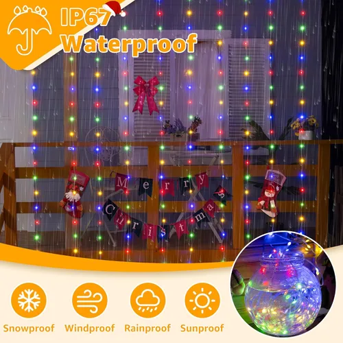 Vista 3 de Ollny - Tira de luces de cortina LED de 300 luces 3 m x 3 m, luces de Navidad impermeables IP67 para exteriores con control remoto, luces de hadas