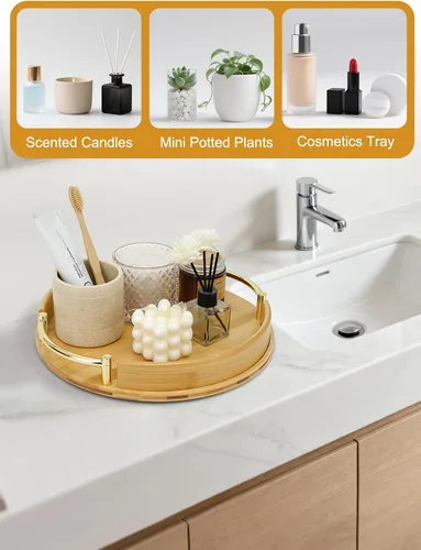 Vista 9 de JUPELI Bandeja redonda de bambú de 11.8 pulgadas con asas, bandeja decorativa, bandeja de desayuno, bandeja de mesa auxiliar, bandeja otomana, plato