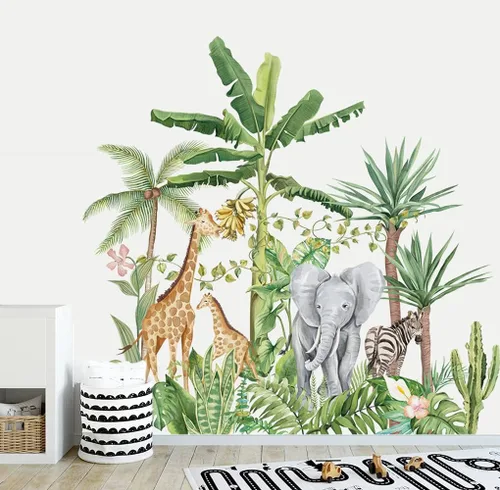Runtoo Calcomanías de pared de animales de selva tropical, jirafa, elefante, plantas, pegatinas de pared, decoración de pared para habitación de