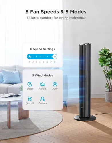 Vista 5 de GoveeLife Ventilador de torre negro para dormitorio, ventilador de piso inteligente de 36 pulgadas con control de aplicación/voz, sensor