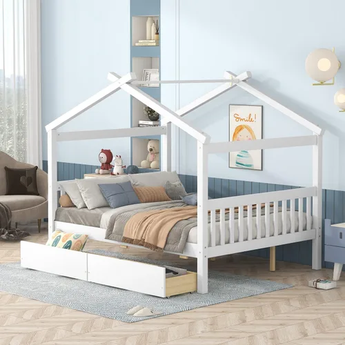 Vista 43 de Merax Cama de tamaño individual de madera estilo casa con valla, marco de cama de madera con techo y barandilla de seguridad para niños, Blanco