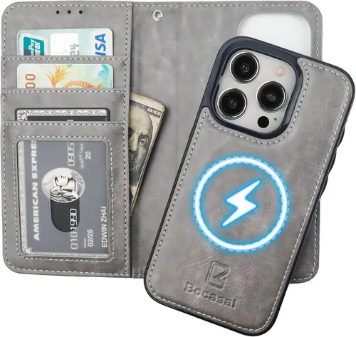 Vista 19 de Bocasal Funda tipo cartera desmontable para iPhone 15 Pro con bloqueo RFID, ranuras para tarjetas, soporte de cuero PU premium magnético con soporte