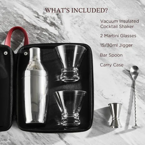 Vista 2 de KITESSENSU Juego de coctelera con estuche de transporte: coctelera de Martini aislada al vacío con colador incorporado, 2 vasos de Martini, medidor