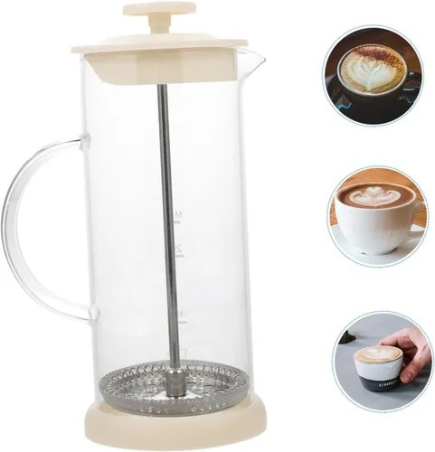 Vista 9 de Angoily Espumador de leche de acero inoxidable, bomba de mano de leche espumador de leche, jarra manual de espuma de café capuchino con mango y tapa