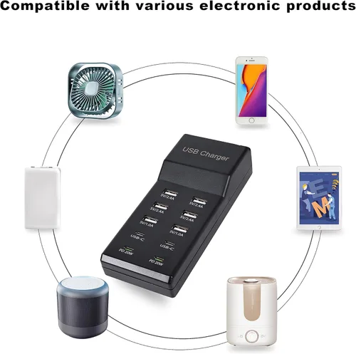 Vista 5 de Cargador USB, estación de carga USB de 100 W con 10 puertos (6 puertos USB-A y 2 puertos USB-C y 2 PD20W) compatible con iPhone 15/14/13/13Pro Max