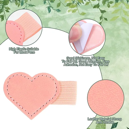 Vista 3 de 8 soportes de cuero con forma de corazón para bolígrafo, soportes autoadhesivos para lápices, para cuaderno, lazo elástico para calendarios