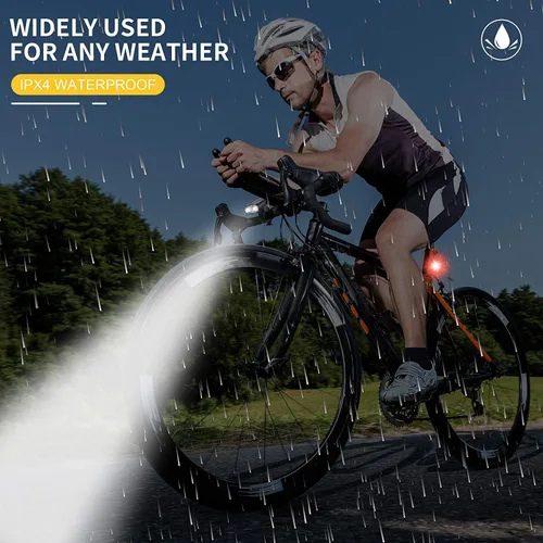 Vista 3 de Akale Luces de bicicleta para conducción nocturna, luces de bicicleta delanteras y traseras, 4 modos de luz, IPX4 impermeable, faro delantero y luz