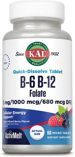 KAL Vitamina B-6, B-12 y suplemento de ácido fólico, salud cardíaca, energía y apoyo de glóbulos rojos*, con vitamina B12 metilcobalamina y folato,