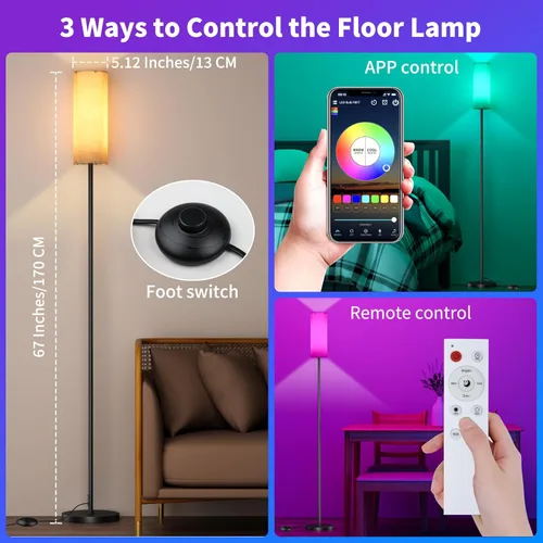Vista 5 de Floor Lamp for Living Room - White Linen Lamp Shade LED Tall Standing Lamp with Remote Control & Foot Switch, Dimmable Room Lamps with 9W RGBCW