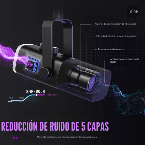 Vista 4 de FIFINE - Micrófono dinámico XLR/USB para podcasts, de transmisión de juegos con luz RGB, botón de silencio, conector para auriculares, soporte