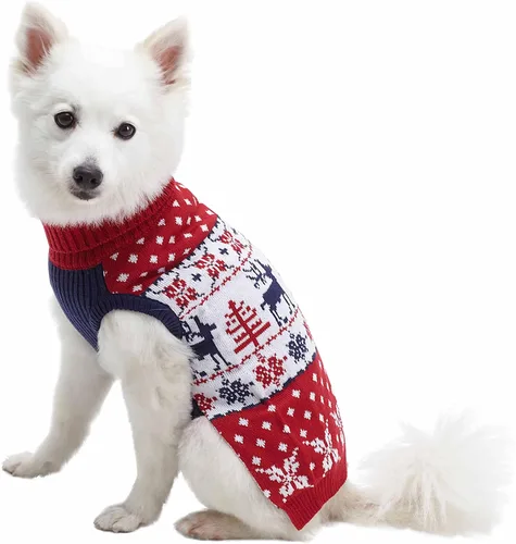 Vista 2 de Blueberry Pet - Suéter de Navidad estilo «Ugly Christmas», con renos festivos para perros, cuello tortuga, ropa familiar de vacaciones para perros