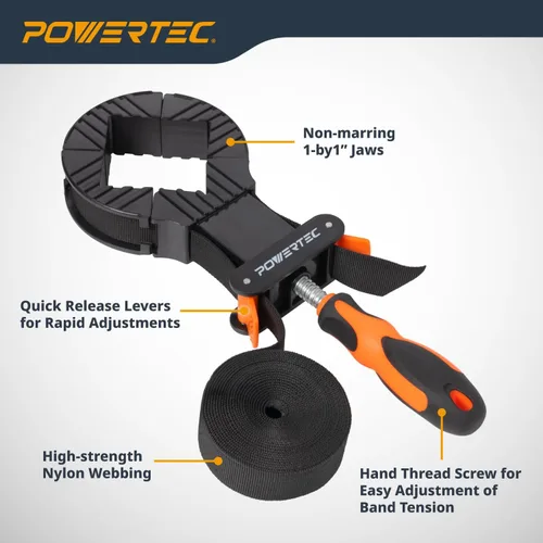 Vista 4 de POWERTEC Abrazaderas de correa para carpintería – Abrazaderas de banda de liberación rápida con mango ergonómico, abrazadera de marco de fotos