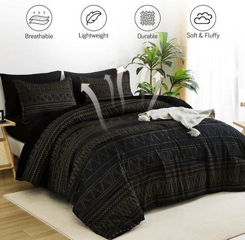 Vista 2 de WONGS BEDDING - Juego de edredón queen de 7 piezas, edredón geométrico de rayas negras y doradas estilo boho para cama queen en una bolsa, juego