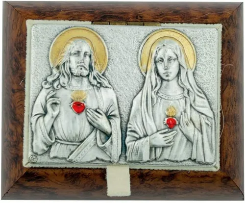 Venerare Pequeña caja decorativa de recuerdo del rosario con placa de San (Sagrado Corazón de Jesús/Inmaculado Corazón de María)